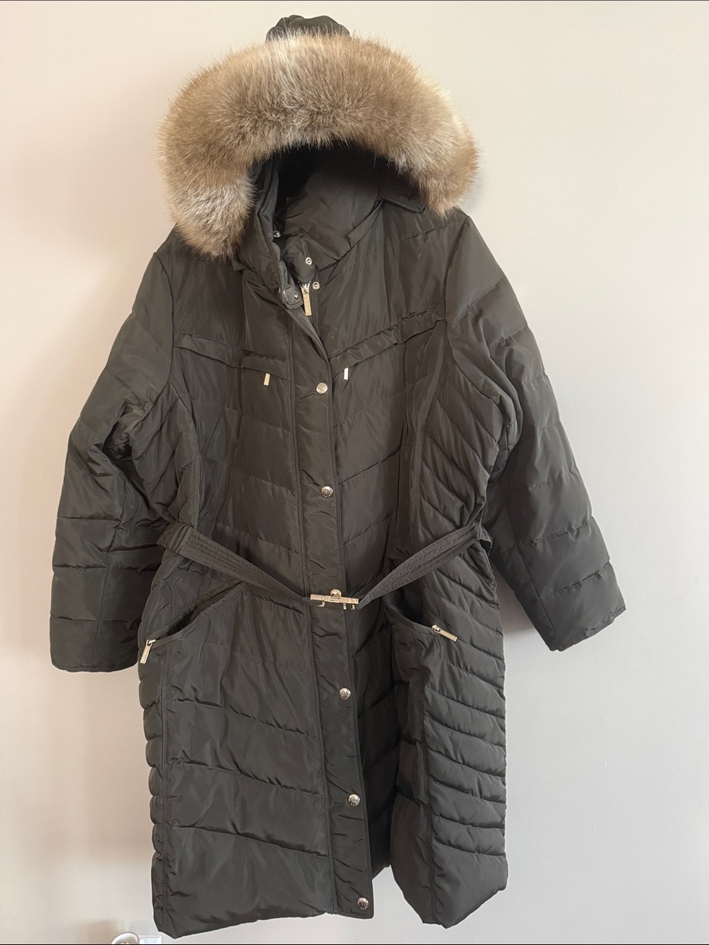 Michael Kors Olive Green Quilted Long Puffer Coat with Fur-Trim Hood